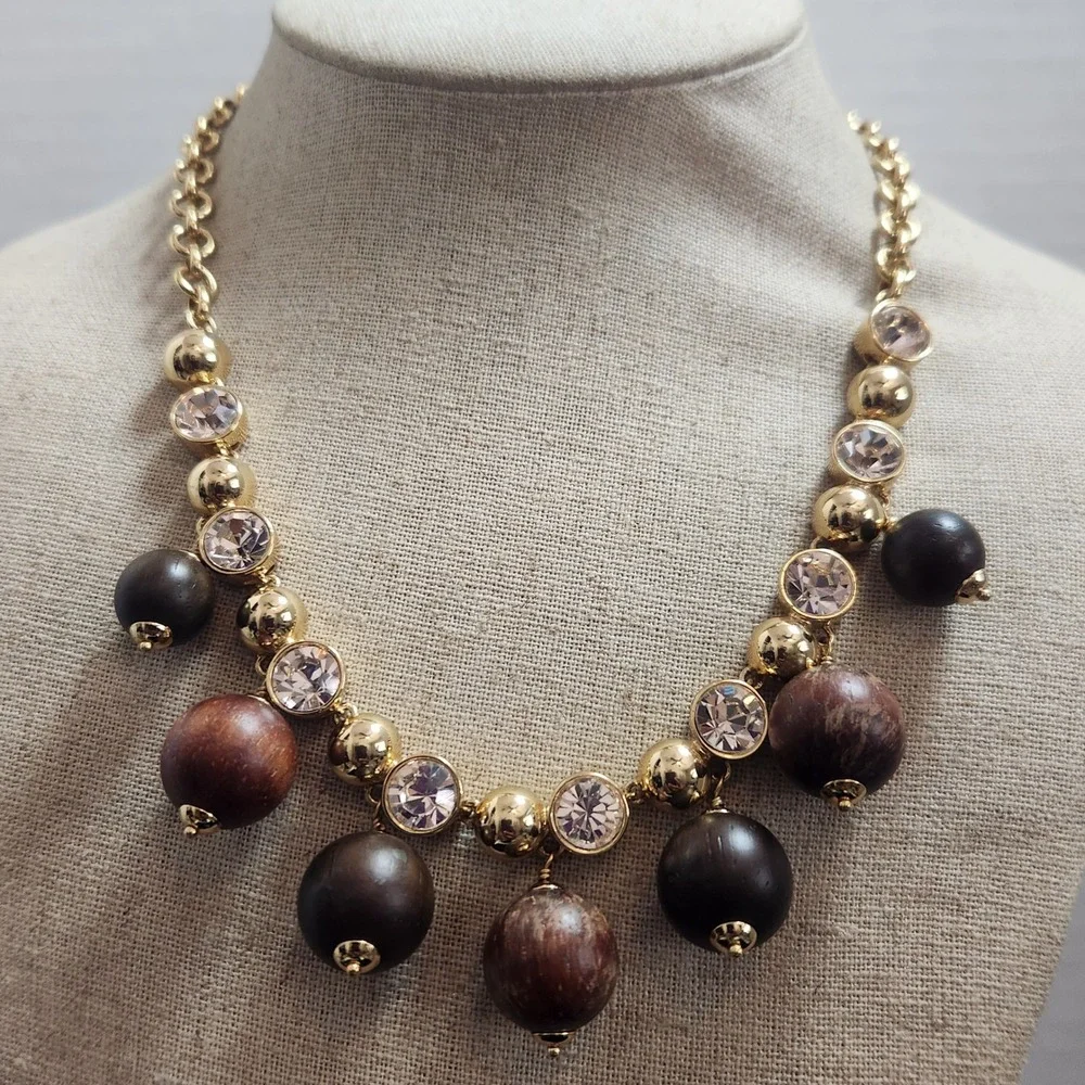 Kate Spade Gold Tone Wood Bead Crystal Statement Necklace Brown Mixed Media‎ Bib